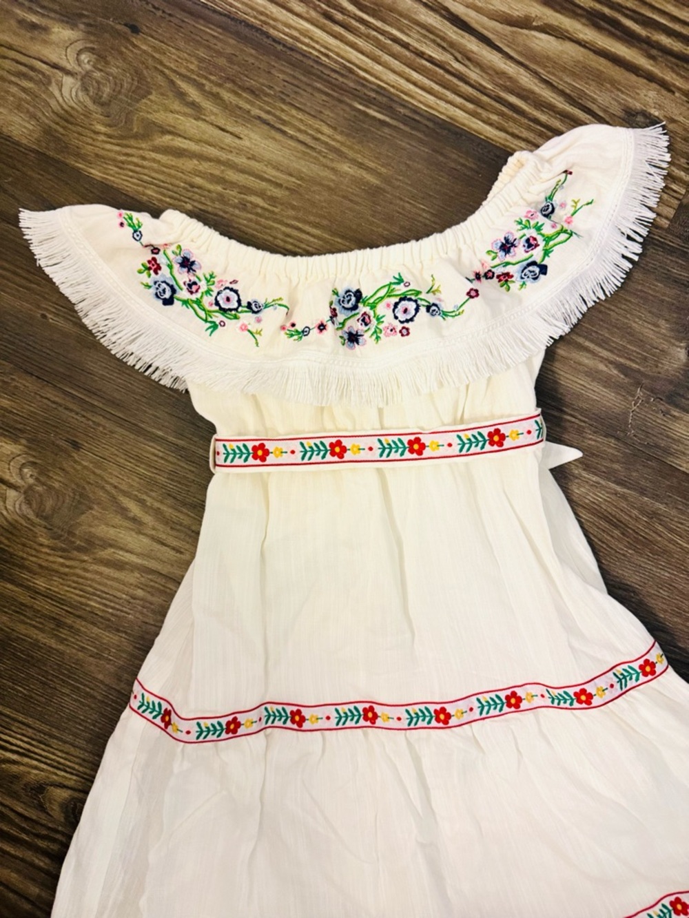 Girl's Bohemian Summer White Floral Embroidered Off-Shoulder Maxi Dress Size 6